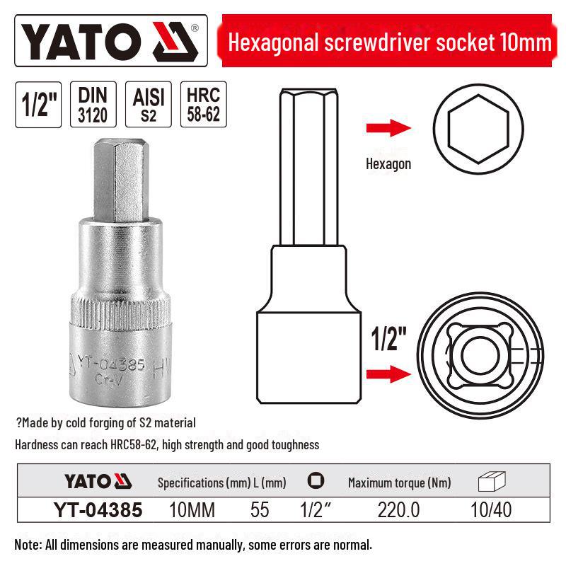 YATO 1/2" Hex Screwdriver Socket Set, S2 Batch Head, Chrome Vanadium Steel