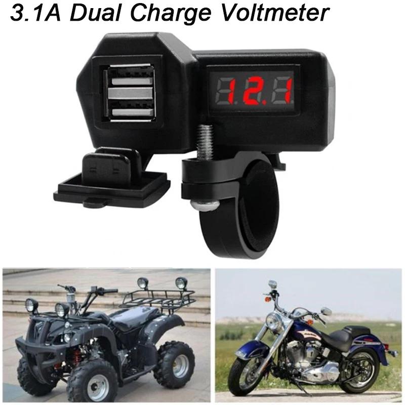 10-24V 3.1A Dual USB Port Motorcycle Charger with Voltmeter Waterproof Fast-Charging Cable for 12V/24V Bikes, ATV, Boats