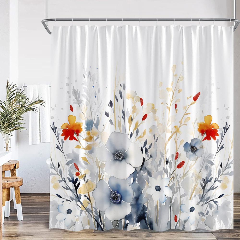 Watercolor Floral Shower Curtain Colorful Flower Green Blue Teal Plant Botanical Bathroom Decor Polyester Bath Curtain with Hook