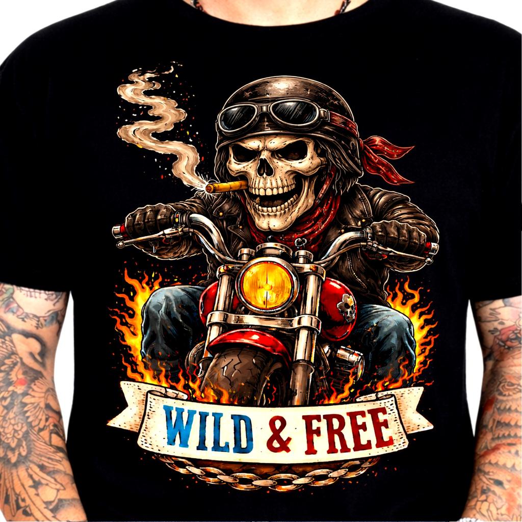 Biker Skull T-Shirt Wild Free Motorcycle Rider Vintage Chopper Gift Graphic Tee
