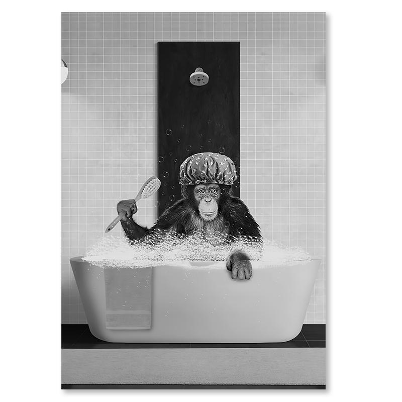 

Забавный постер с обезьяной для ванной комнаты, черно-белая ванна, животное, читающее газету, холст, картина, настенная художественная картина для домашнего декора 21x30cm No Framed