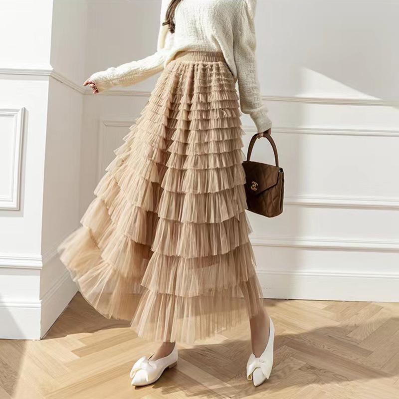 Pink skirt women's summer big pendulum mesh umbrella skirt vertical feeling medium and long A word women's vertical feeling long skirt high sense