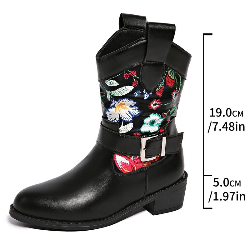 

Vintage Flower Embroidery Western Boots Women Fashion Buckle Thick Heel Ankle Boots Woman Slip On Pointed Toe Short Booties 43 43