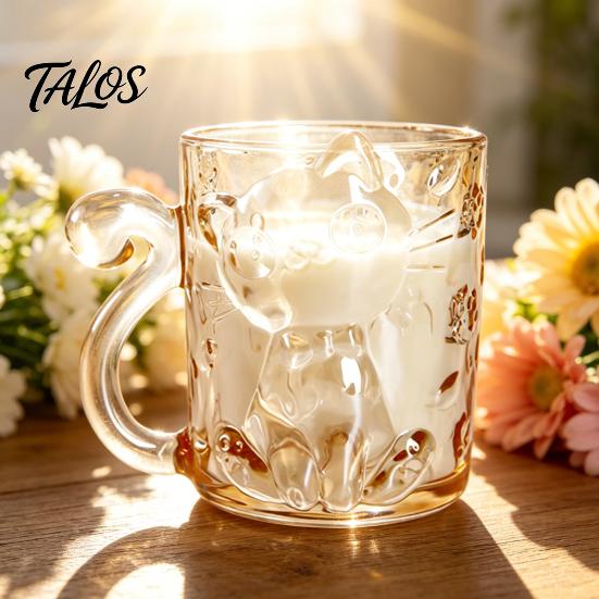 Cartoon-Katze Trinkglasbecher, Isolierter Glas-Kaffeebecher, mit Katzen-Schwanz-Griff-Design, Transparenter Becher für Heiße Kalte Getränke