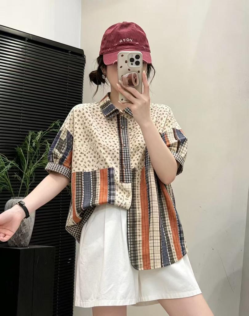 1116 Summer New Women's Lapel Japanese Cotton Shirt Loose Shirt Top Cardigan Painted Casual