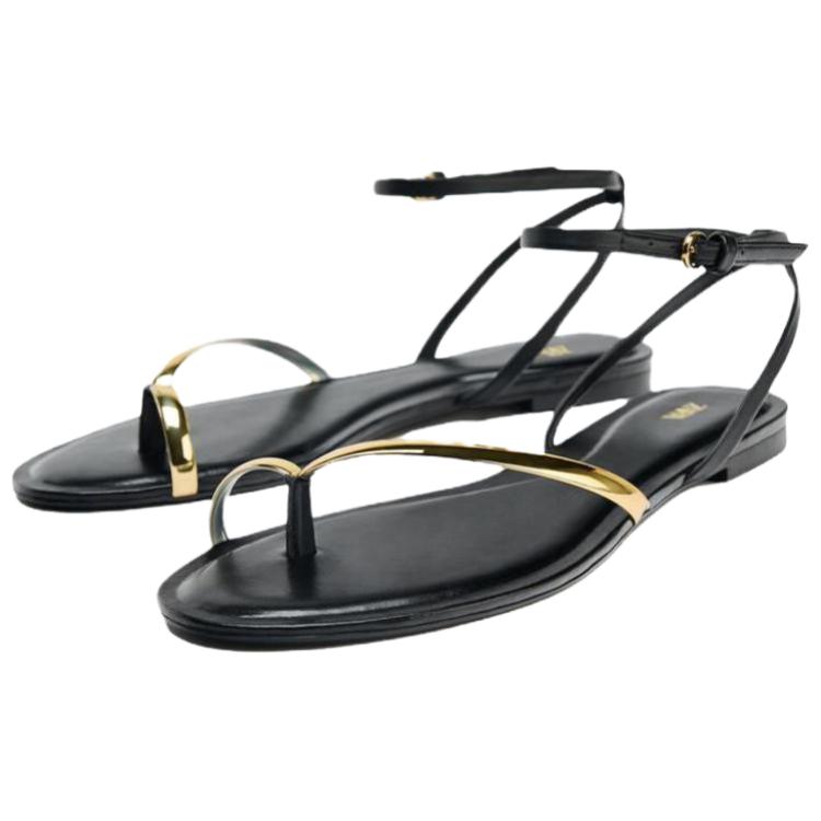 Zara Pu Vintage Open Toe Detail Flat Sandals Women sandals Black 1620610800
