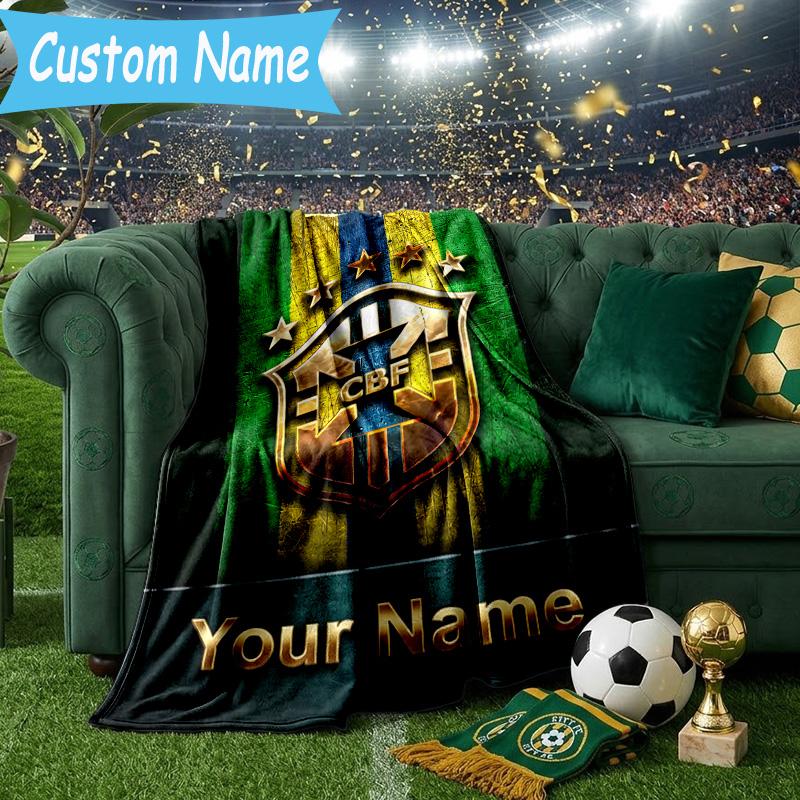 Custom Name Brazilian Football Federation Emblem Flannel Blanket, Use for Birthday/Holiday Gift, Soft Blanket for Sofa/Bed/Camping/Office, Home Decor