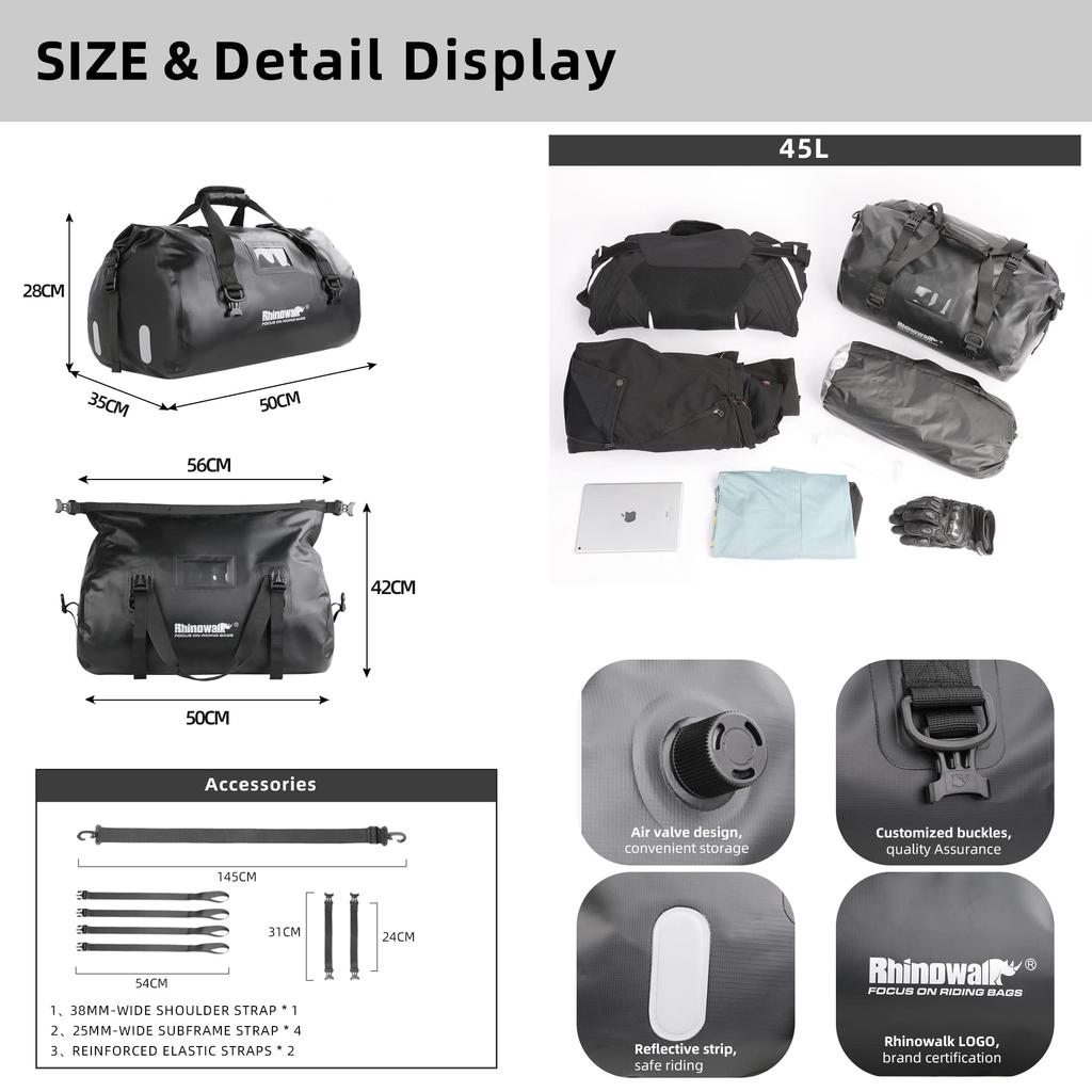 Rhinowalk Motorcycle Seat Dry Completely 45L Large Touring Carrier Air Valve Shoulder Belt Reflective Tape Easy to For Outdoor Motorcycle Dry Pack
