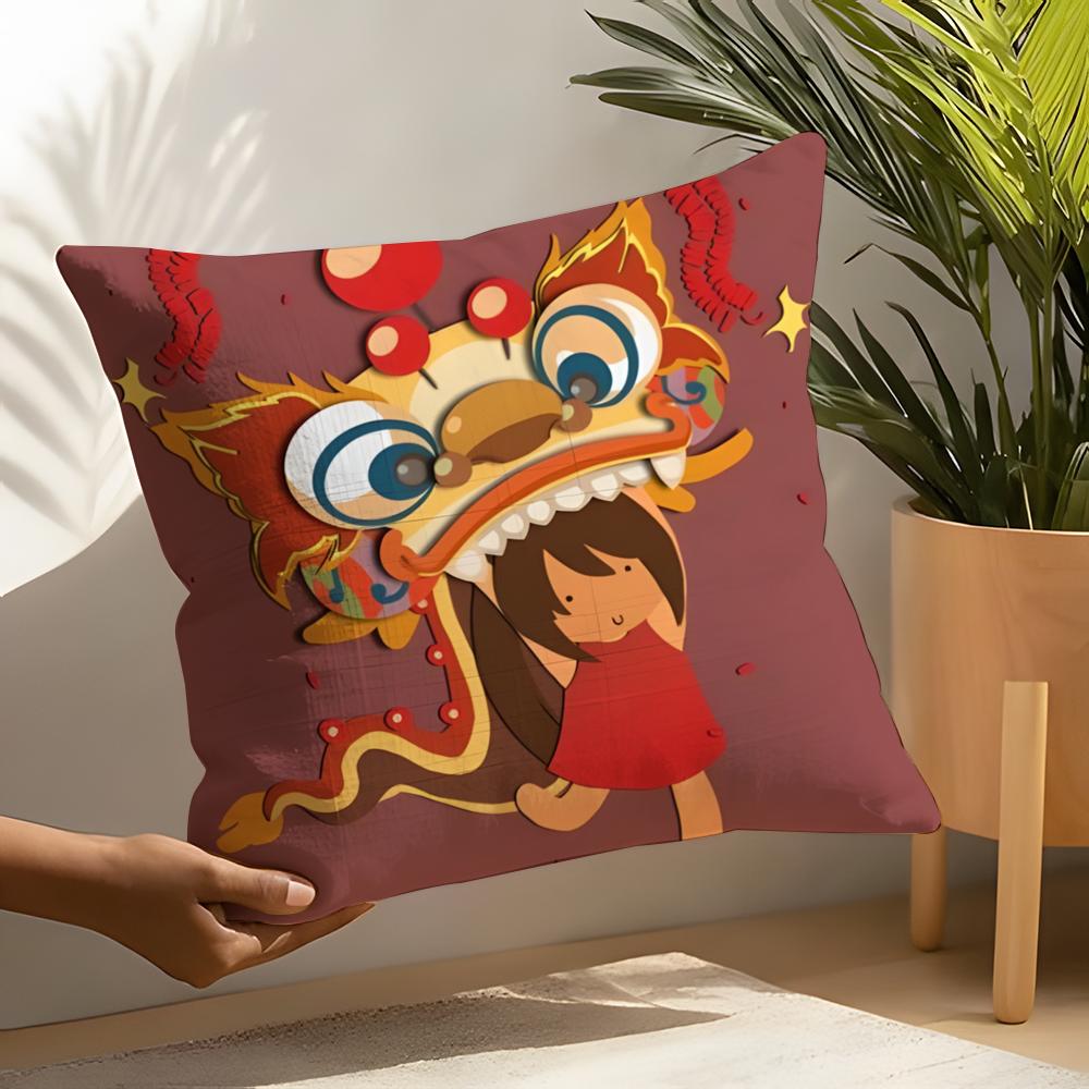 Linen Cushion Covers For Decorative Sofa Home Pillows Case Car Chair Pillows Cases Chinatown Festive Lion Print Pattern