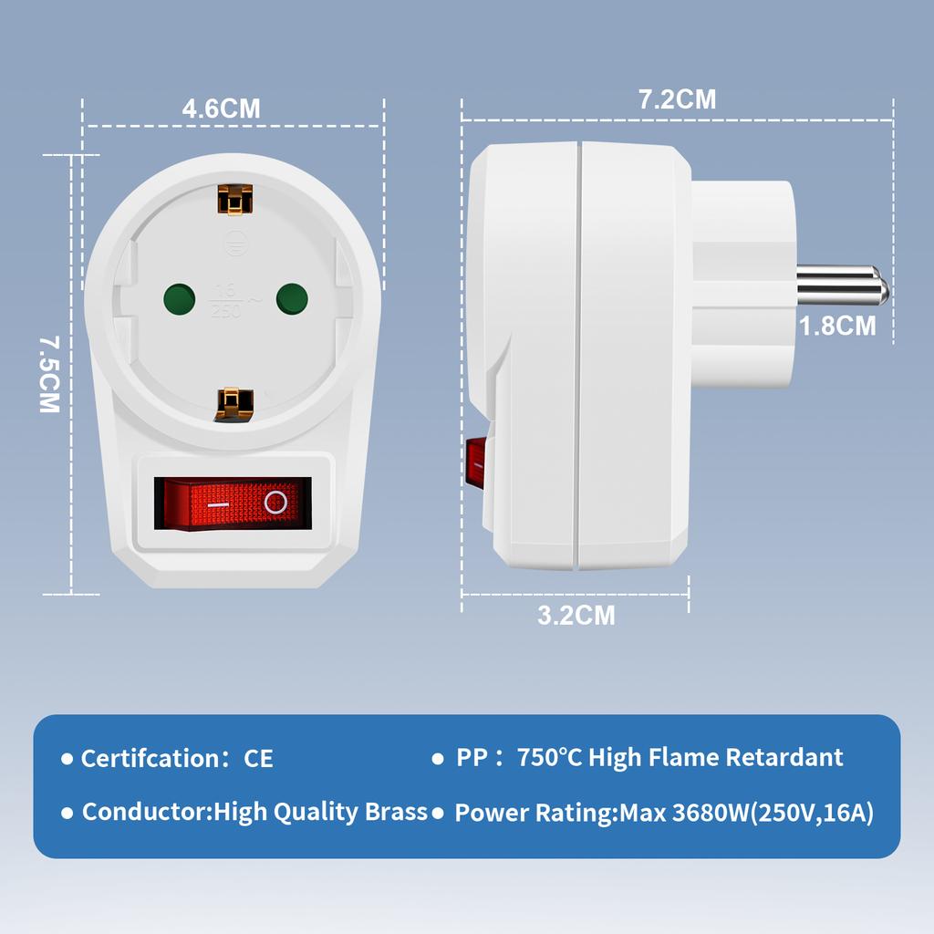 European Conversion Plug EU Socket Adapter with ON/OFF Switch German Standard Extension Stocket Power Outlet Converter