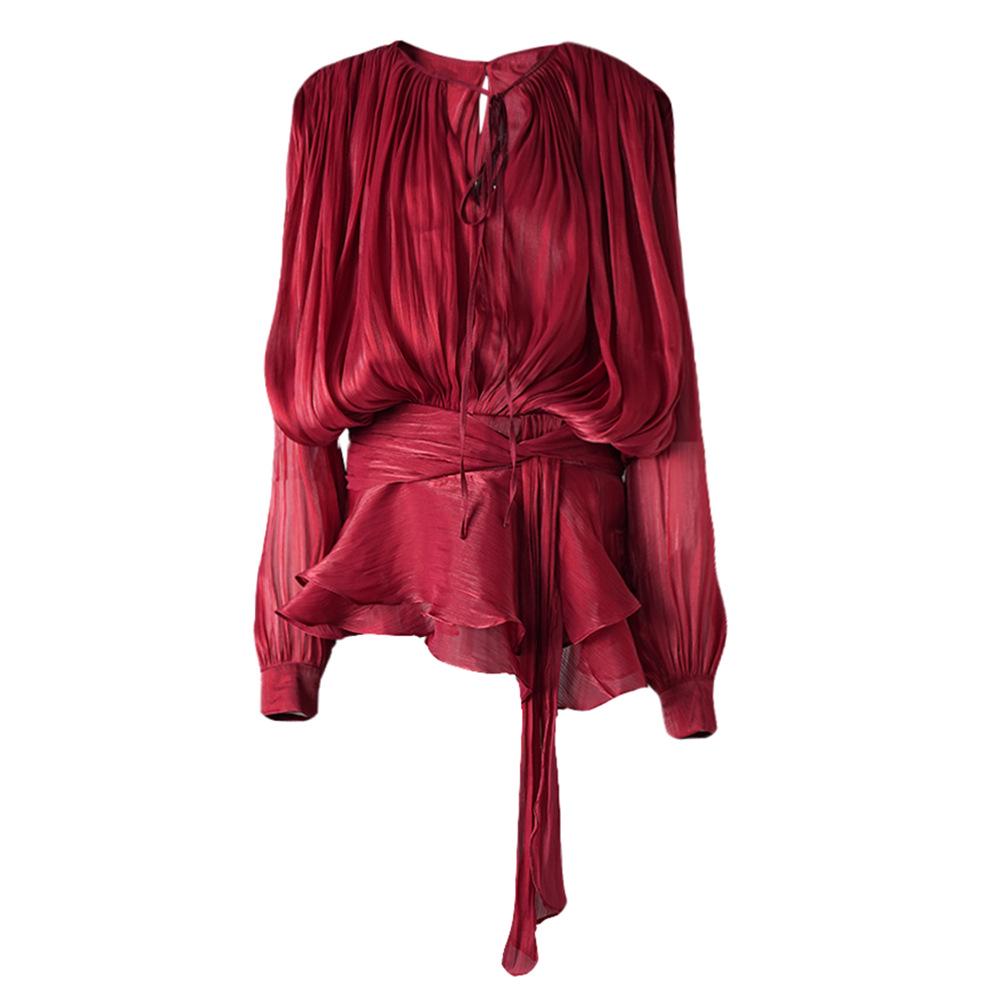 Women's Spring Puff Sleeve Ruffle Dress with Pleated Ribbon Design