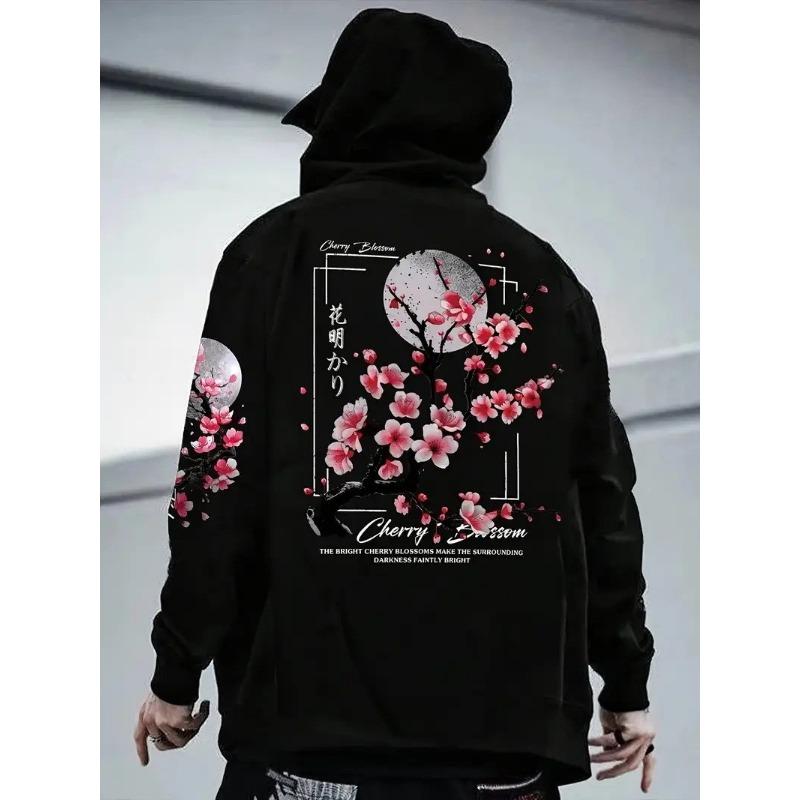 Men's Oversized Hoodie Cherry Blossom Moon Graphic Spring Autumn Casual Streetwear