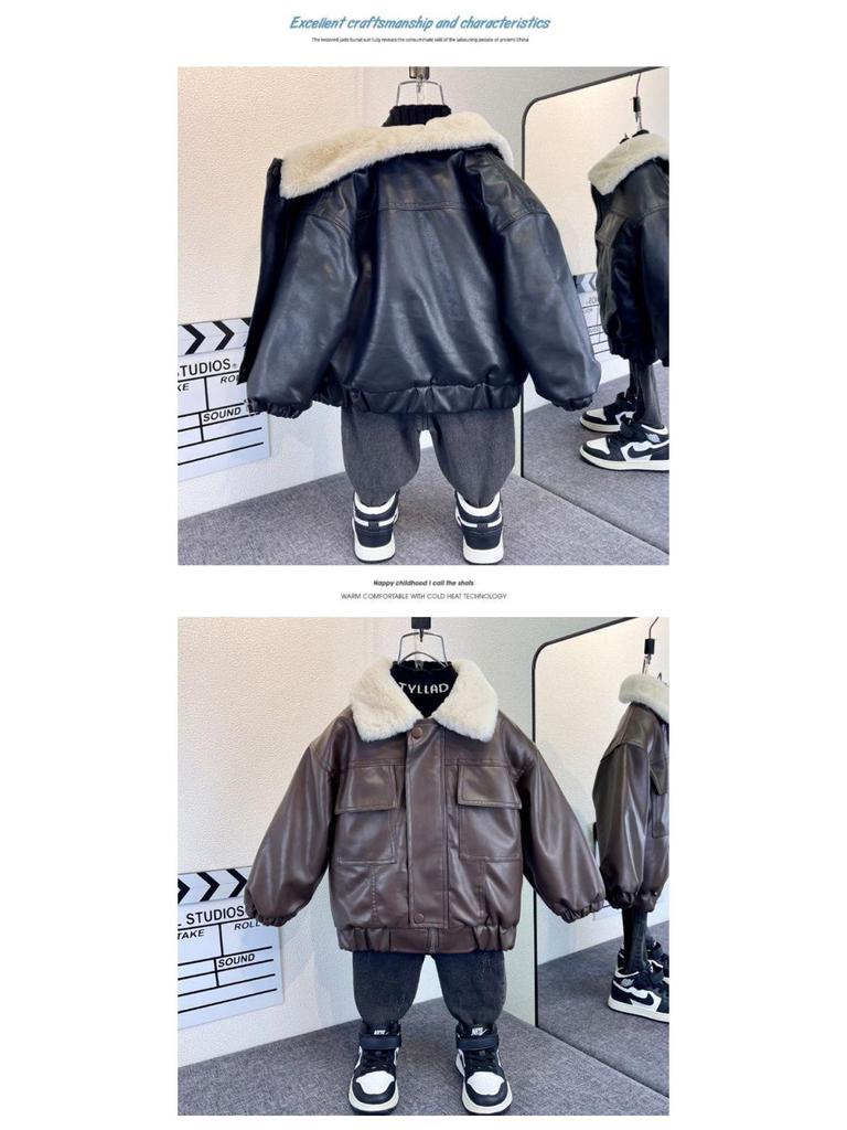 Chlapecká kožená bunda s fleecovou podšívkou, trendy a cool podzimní kabát pro malé děti (2025)