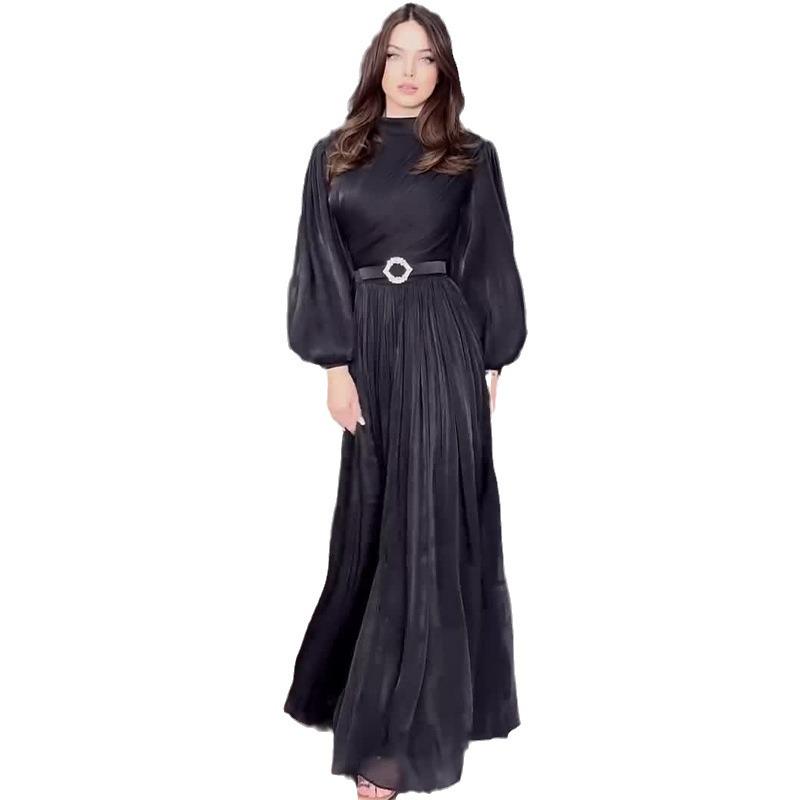 2024 Summer European & American Solid Color Lantern Sleeve Waist-tie Socialite Dress