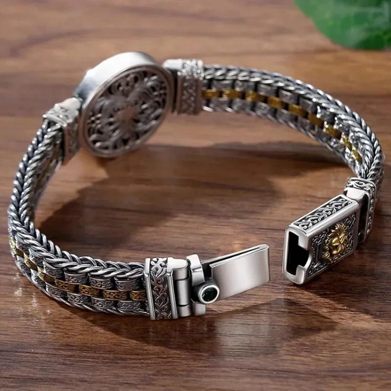 Factory Price S925 Sterling Silver Retro Men Hand-Woven Rattan and Grass Pattern Circular Color Blocking Trendy Bracelet Jewelry