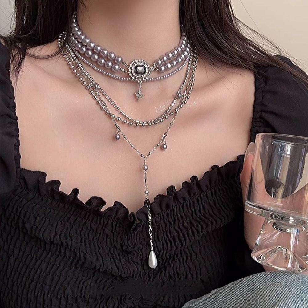 Stars Pendant Multi-Layer Pearls Necklace Multilayer Stacked Cross Sweater Chain  Daily Wear