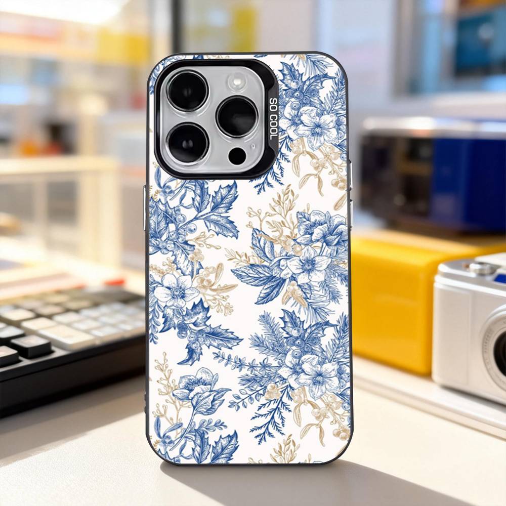 Blue White Porcelain Art Phone Case For iPhone 11,12,13,14,15,16,17,Pro,Max,Plus,E,Air,Mini IMD Matte Black