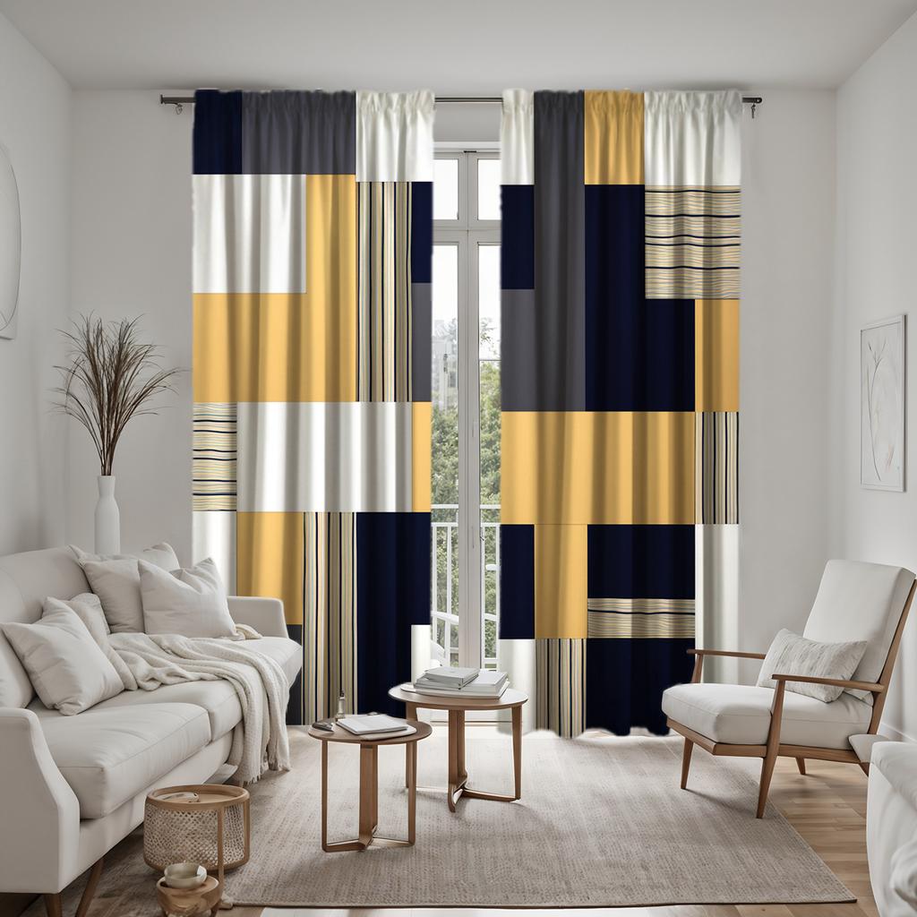 2 Stücke HD Digital Gelb Farbblockierende Geometrische Vorhänge Heimdekorationsstil Dekoration Wohnzimmer Schlafzimmer Stangenvorhang