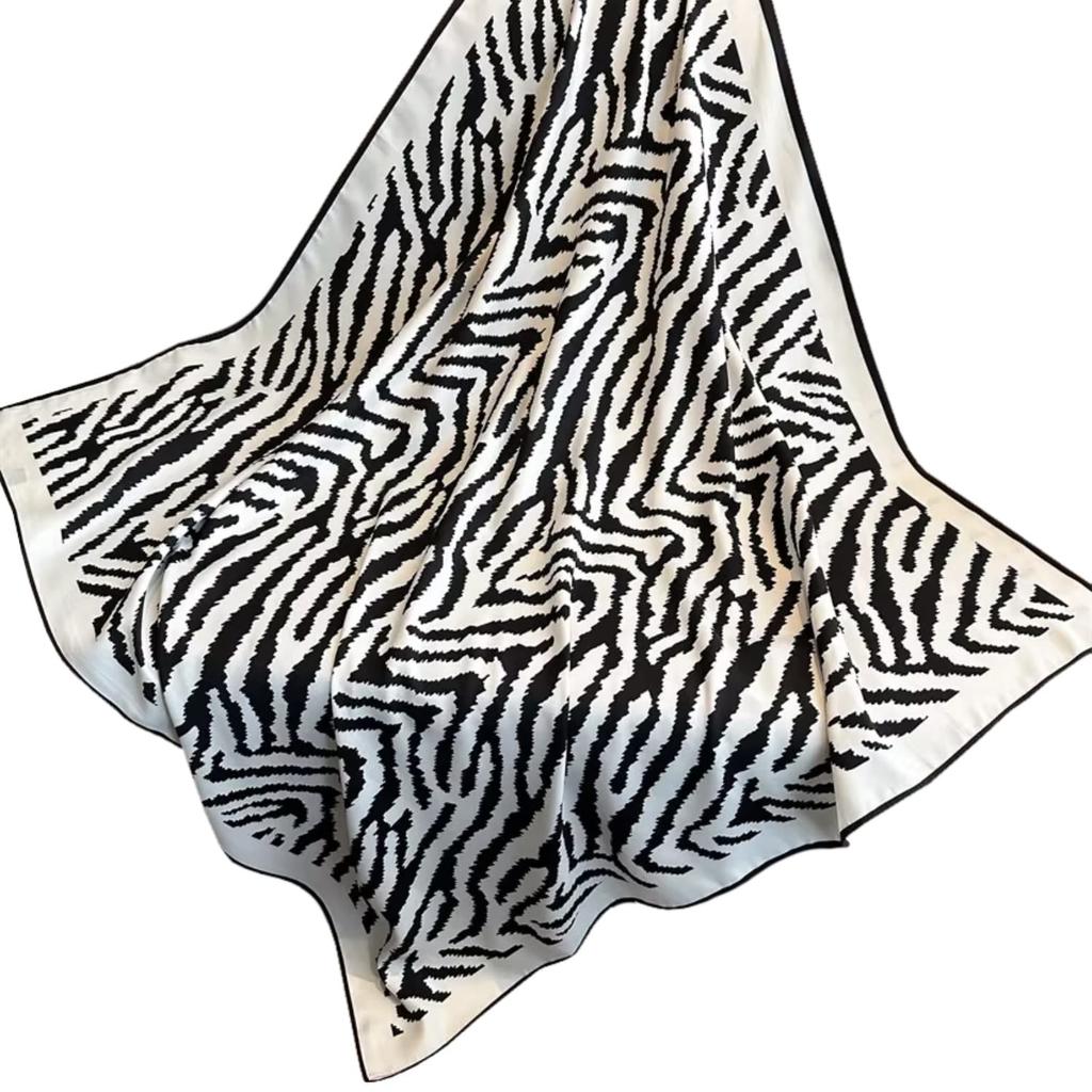 Women' Scarf 90X90 "Zebra Chic" - Black and White Scarf with Animal Pattern, Imitation Silk