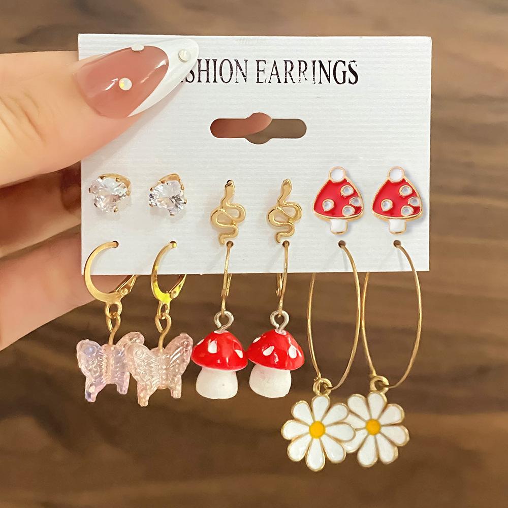 Multi-layer Geometric Circle Inlaid Rhinestone Butterfly Stud Earrings Set 6 Pairs of Creative Butterfly Pendant Earrings