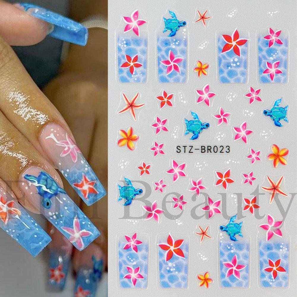 Nail Art Stickers, French Summer Ocean Flowers, Turtles, Starfish Stickers, Adhesive Nail Art Stickers