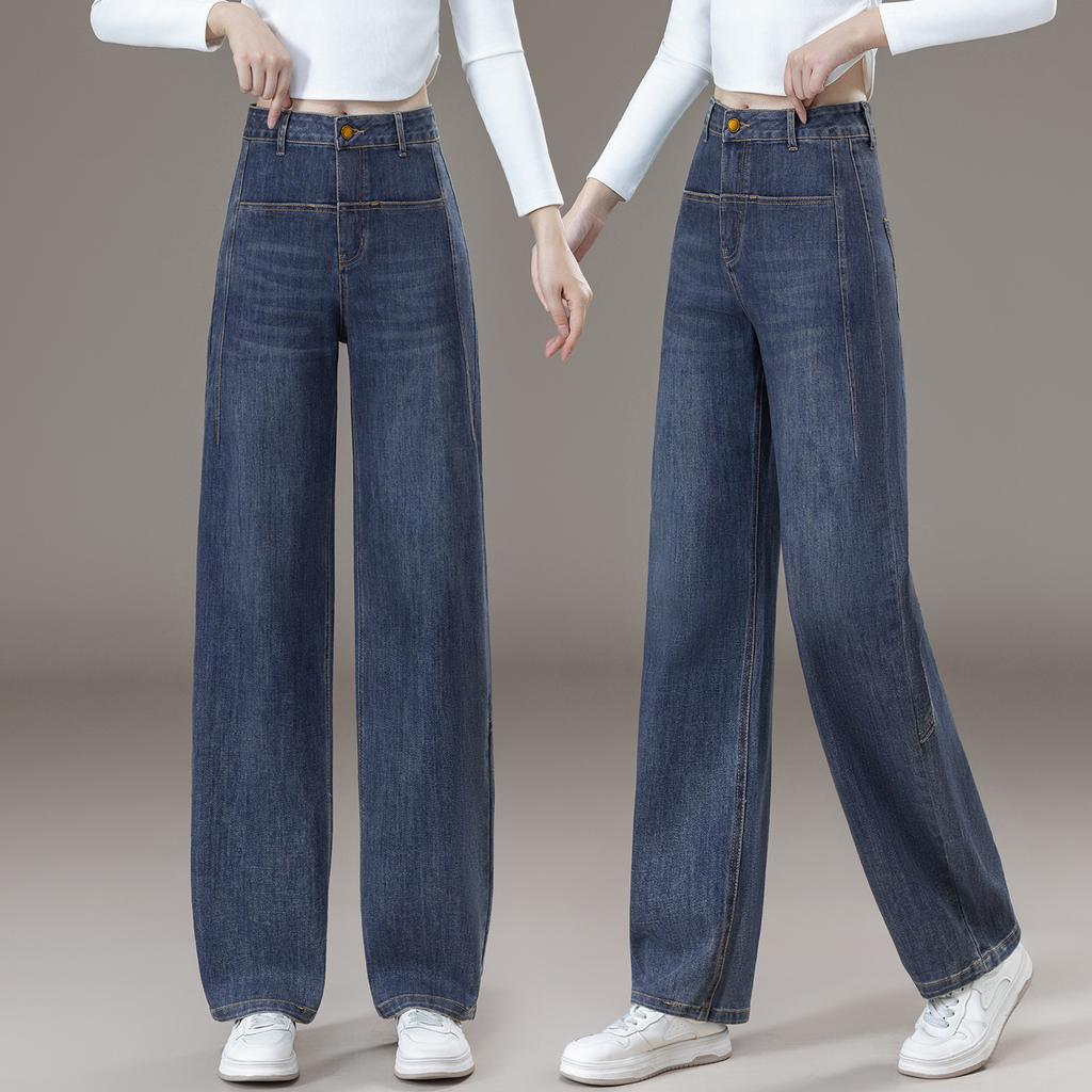 Women's High Waist Wide Leg Jeans Baggy Pants Retro Vintage Patchwork Pocket Casual Denim Pants Winter Fleece Lined Jeans