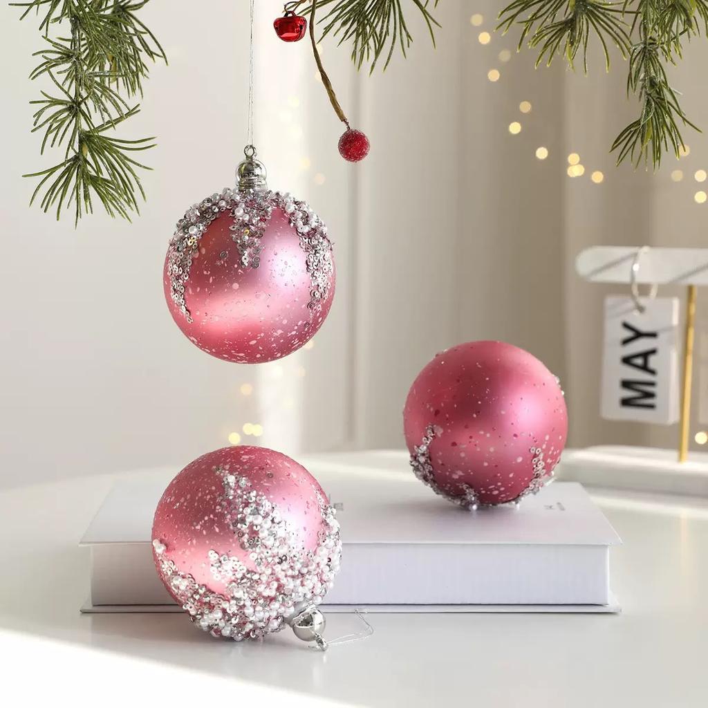3Pcs Pink Christmas Balls Ornaments 8cm Glitter Pearl Baubles for Christmas Tree Elegant Decoration Apartment New Year Winter