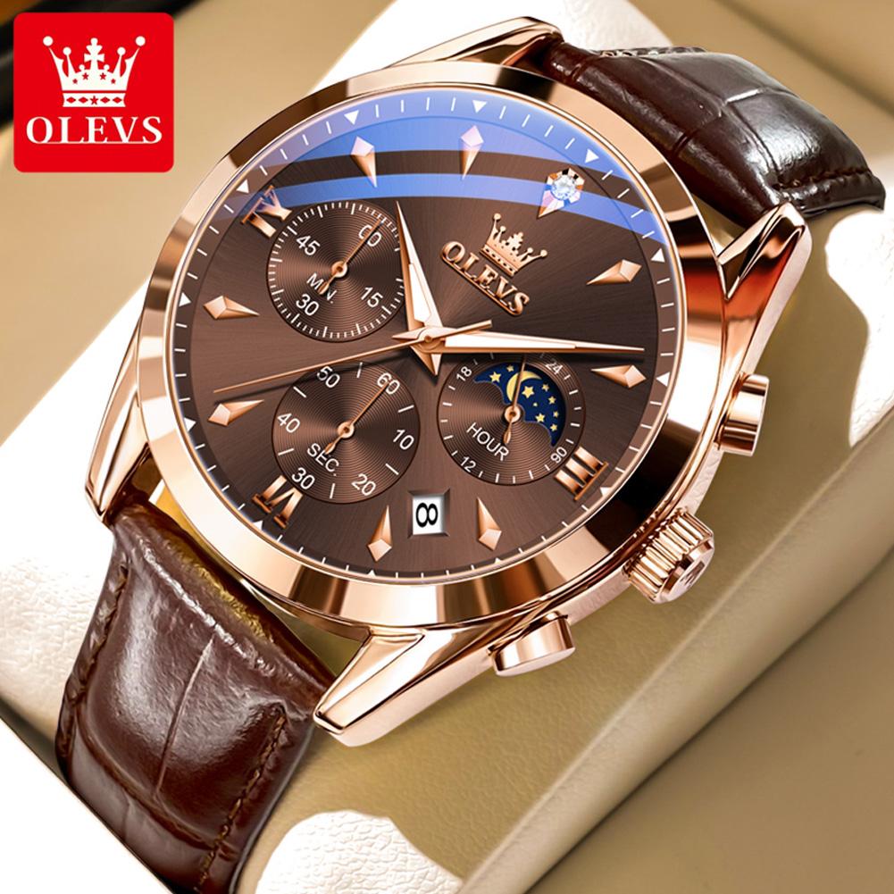OLEVS Moon Phase Chronograph Man Watch Leather Strap Waterproof Luminous Luxury Brand Original Quartz Wrist Watches for Men 3609