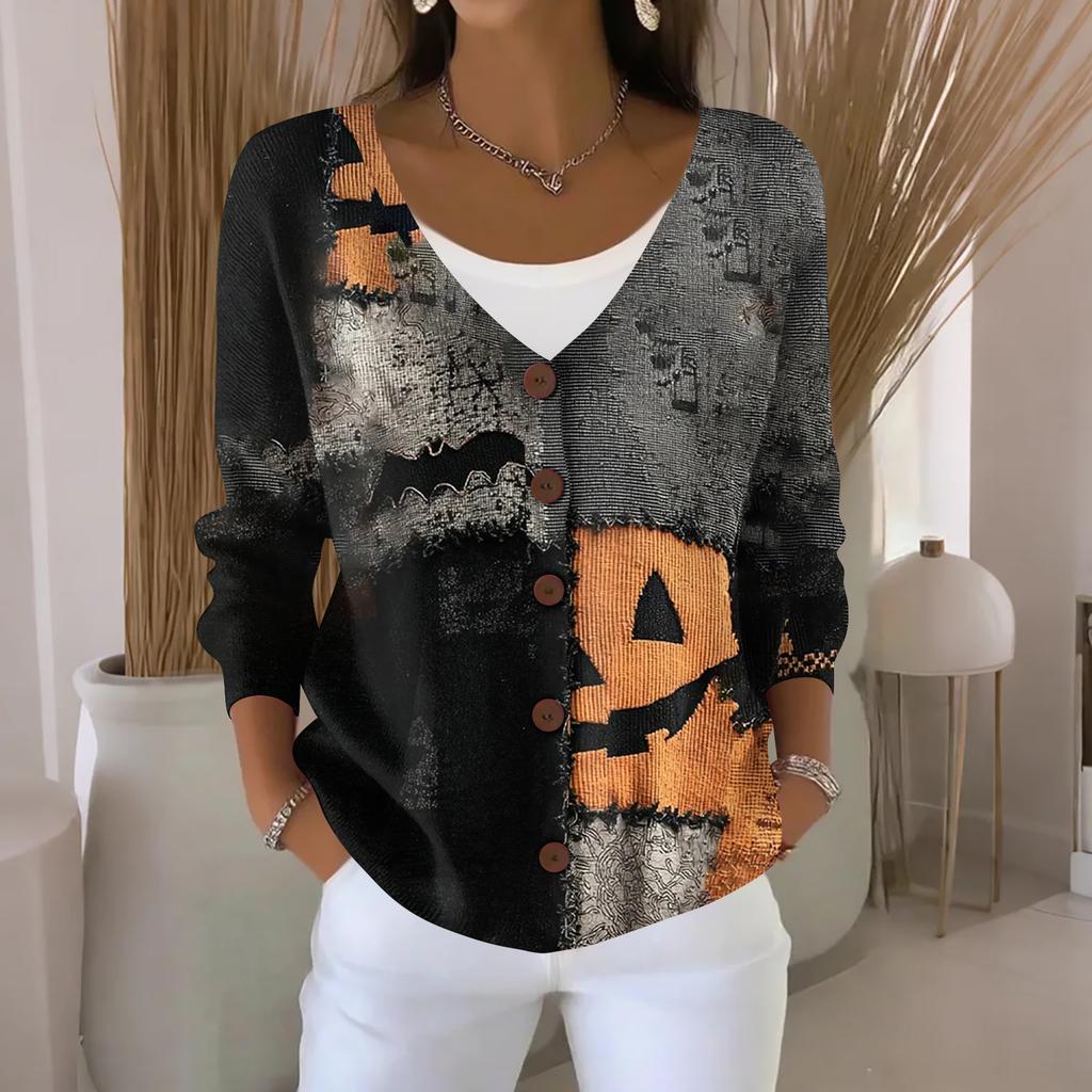 Women's Fashion Casual Knit Sweater Button-Up Halloween Printed  Cardigan Jacket