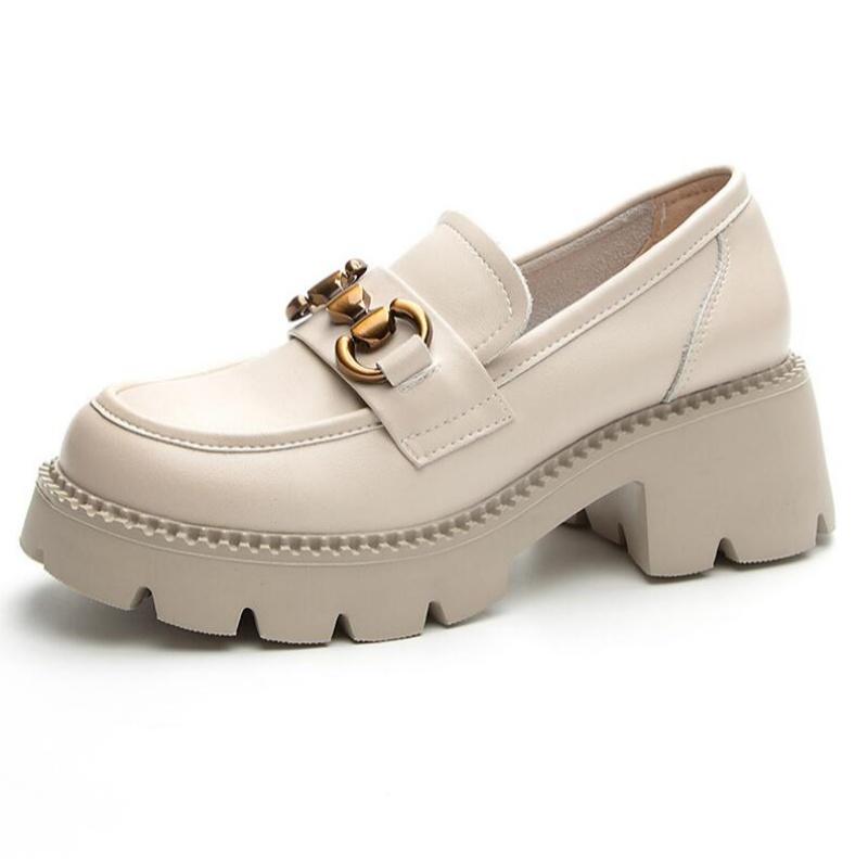 Women Thick Heel Loafers Slip On Pumps Spring Autumn New Design Metal Genuine Leather Round Toe High Heel Platform Shoes