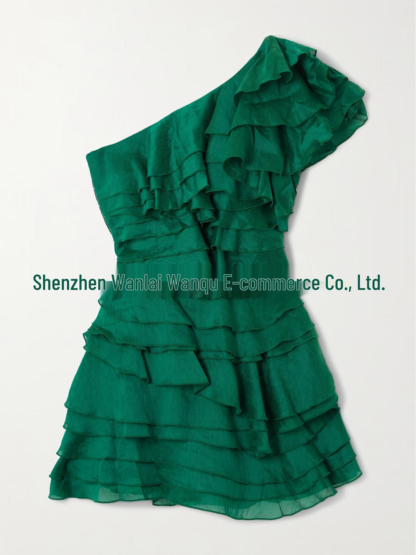 Elegant Autumn One-Shoulder Ruffled Dress - European & American Style, Slimming Women s Fashion Small зелёный