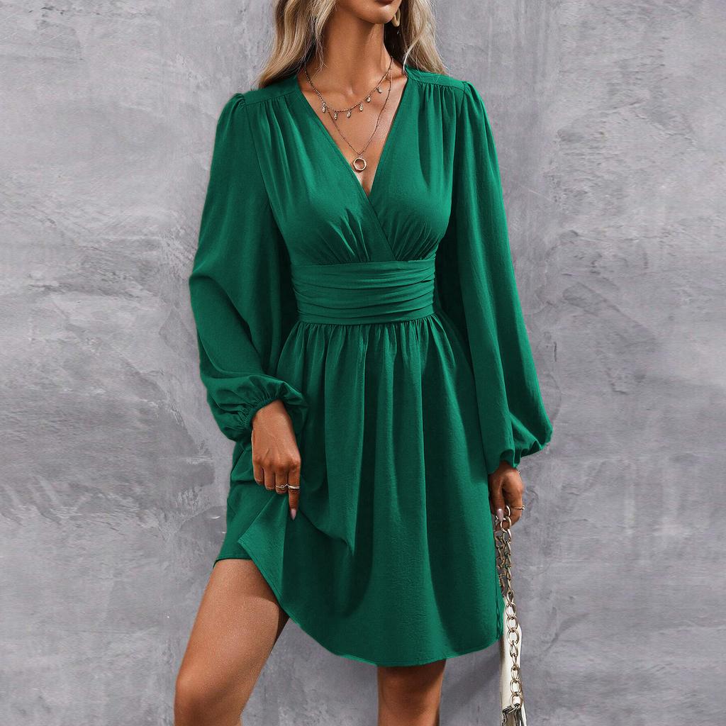 Modisches Damenkleid mit V-Ausschnitt, langen Ärmeln, Falten und vielseitigem Design