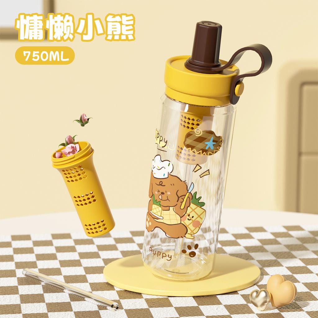 Water bottle large capacity high value food grade cartoon animal plastic cup children anti-drop Macron color water cup with handle