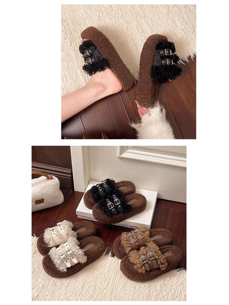 2025 Autumn/Winter Women's Furry Thick Sole Warm Slippers with One Strap and Belt Buckle