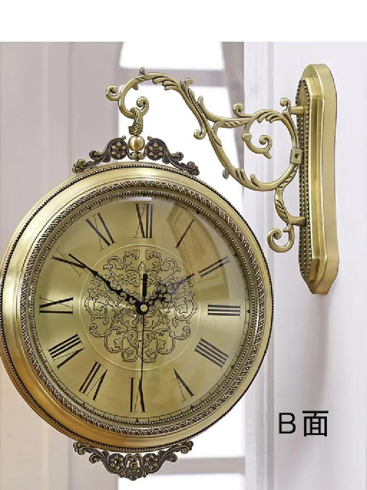 Luxury Wood Wall Clock Metal Retro Nordic American Style Gold Silent Double Sided Reloj De Pared Chic Living Room Home DecG8I0G1