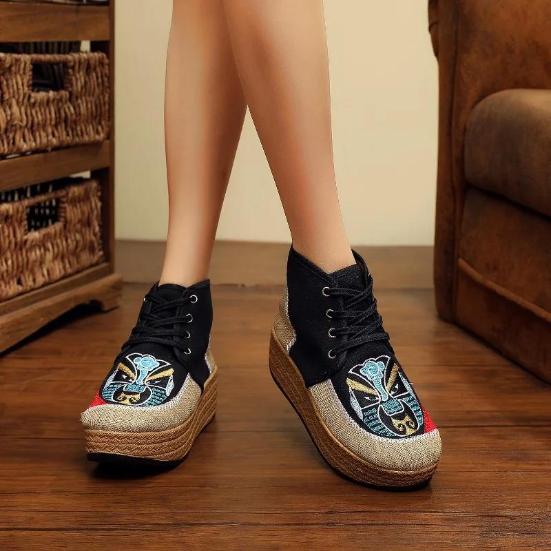Fashion 2024 New Retro Women Linen Cotton Fabric Embroidered Short Ankle Platform Boots Comfortable Ladies Lace Up Booties Winter Shoes