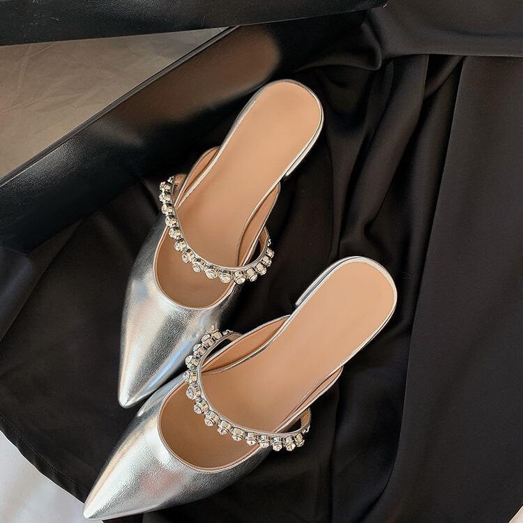 Spot, one word with rhinestone bag head sandals women's 2025 summer new product pointed fashion outer wear women's flat shoes