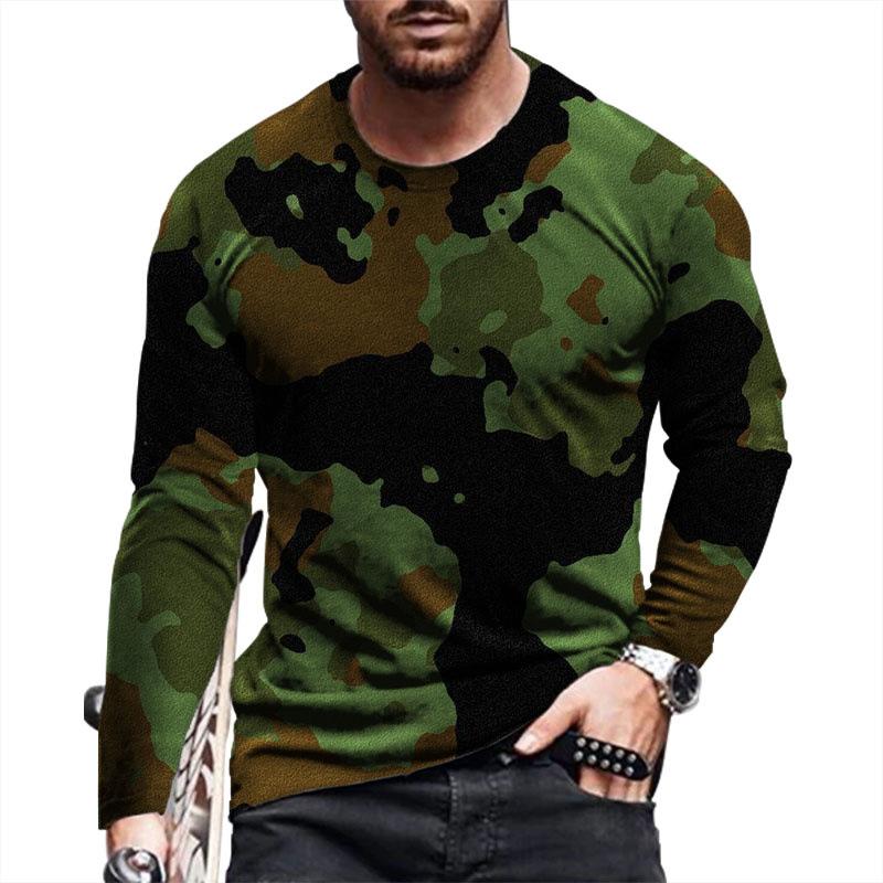 Spring men's digital printed long sleeved T-shirt round neck loose sports camouflage printed 3D T-shirt