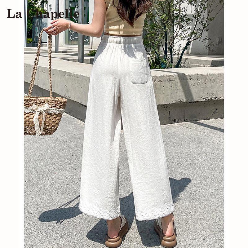 Women s Ice Silk Linen High-Waisted Wide-Leg Cropped Pants M белый