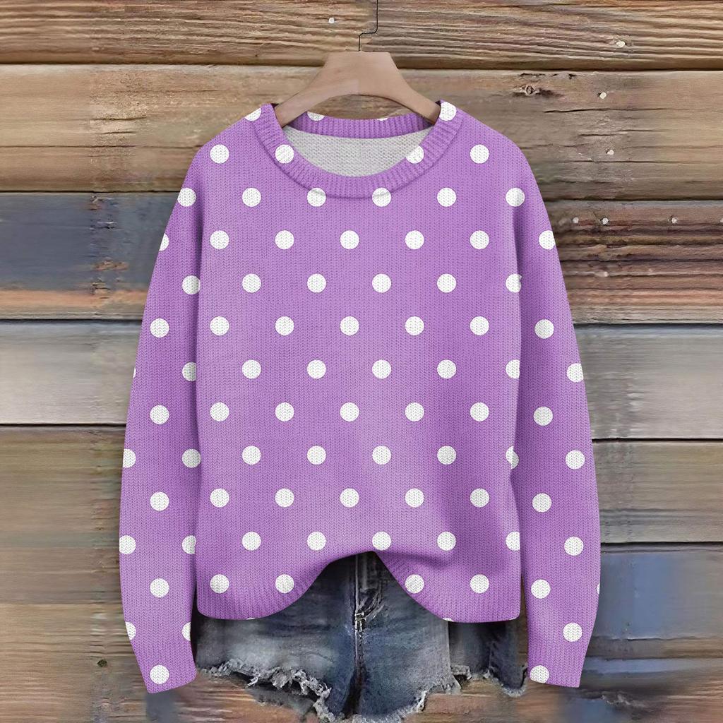Long Sleeve Pullover Sweaters For Women O Neck Casual Cute Printing Knit Oversized Sweater