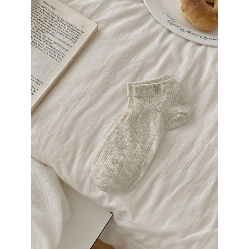 

Женские весенне-летние простые и универсальные однотонные носки с вышивкой и бантом, с неглубоким вырезом, дышащие, бесшовные 1 pair бежевый/серый