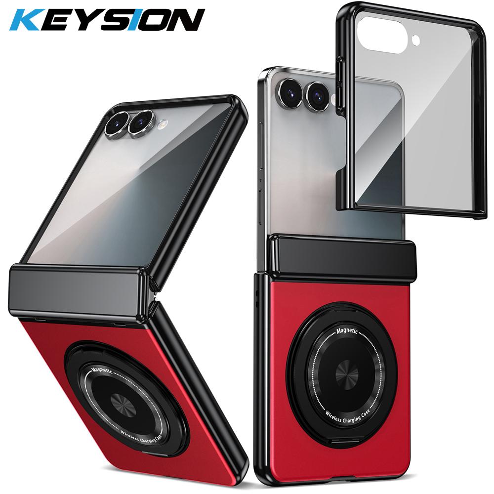 KEYSION Pouzdro s magnetickým prstenovým stojánkem otočným o 360° pro MagSafe pro Samsung Galaxy Z Flip 7 5G Kryt telefonu s pantem s ochranou displeje