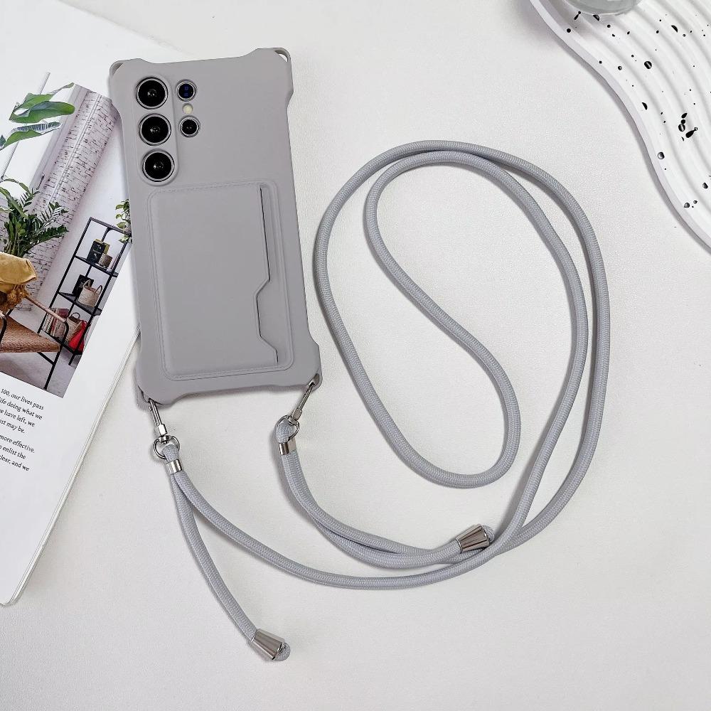 Soft Silicone Phone Case For Samsung S26 Ultra S25 Edge S24 S23 FE S22 Plus Card Holder Lanyard Shockproof Protection Cover