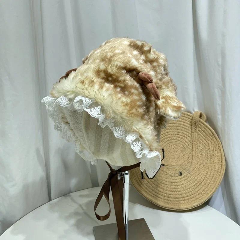 New Christmas Deer Plush Lace-up Pullover Hat Women Sweet Cute Antlers Keep Warm Beanies Winter Plush Ear Protection Bucket Cap