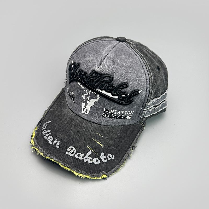 And Women Distressed Hip Hop Letter Print Embroidery Baseball Caps Air Permeable All-Match Fashion Vintage Ins Broken Personalized Peaked Hats