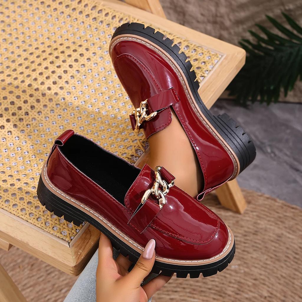 Damskie mokasyny na grubym obcasie, masywne buty codzienne, wiosna jesień, retro płaskie buty damskie, okrągły nosek, zdobione metalem, sneakersy damskie