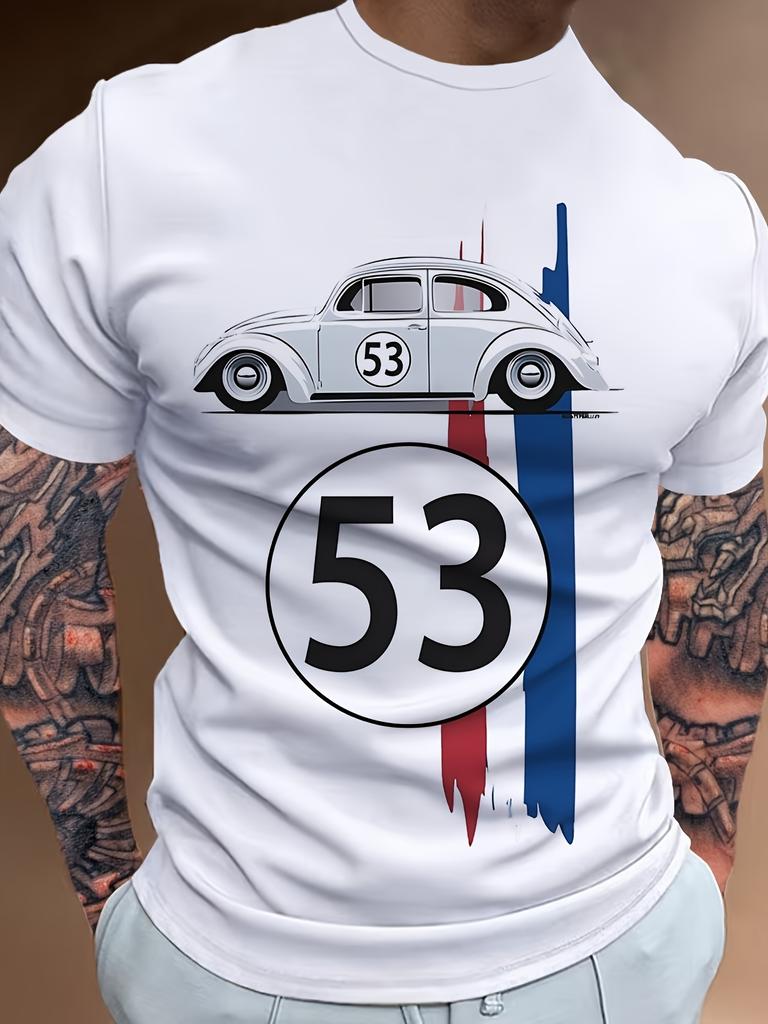 Retro racing pattern Tshirt mens casual round neck slightly stretchy summer street fashion short sleeved top