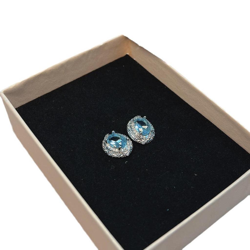European & American Ocean Blue Sapphire Stud Earrings, Fully Diamond Inlaid, Niche Design, Simple & Elegant Egg-Shaped Earrings for Women