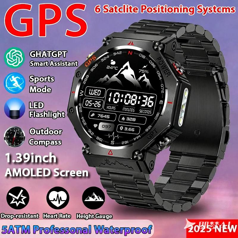 GPS Smart Watch ChatGPT AI 5ATM Waterproof Bluetooth Call Built-in Compass Altimeter Barometric Sport Watch with LED Flashlight