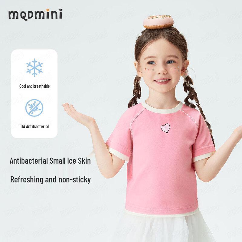 MQDMINI Girls' Antibacterial Short Sleeve T-shirt with Heart Dog Print